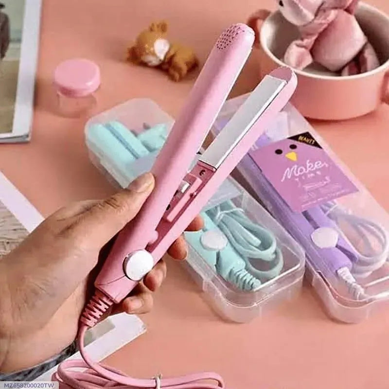 Pink Mini Hair Straightener with Brushes for Smooth Hair