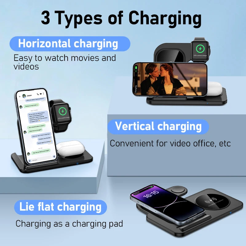 Desk Fast Wireless Charger Stand Pad Foldable Fast Charging Station Dock for iPhone 16 15 14 13 12 Pro Max Apple Watch Airpods